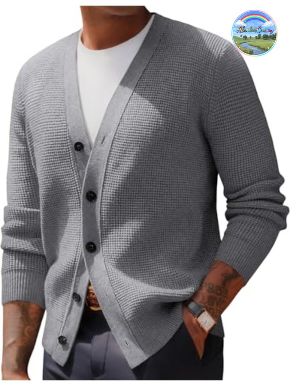 Men's Waffle Knit Cardigan Sweater V-Neck Long Sleeve Button Up